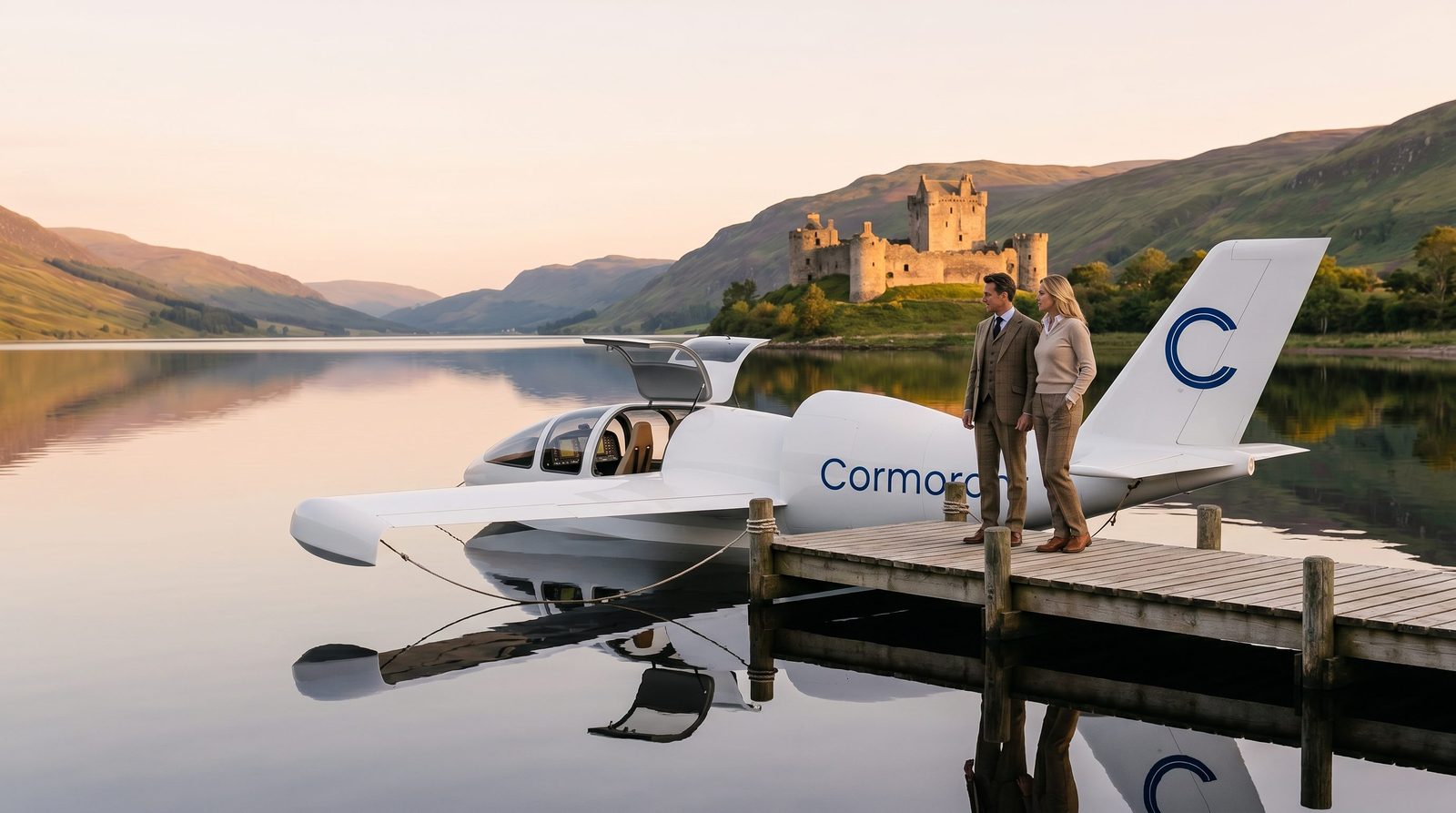 Cormorant at a scenic loch dock with a Scottish castle in the background