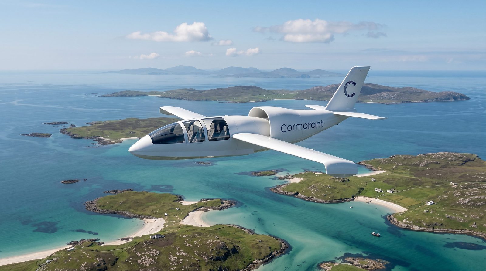 Cormorant flying over Scottish islands and turquoise water