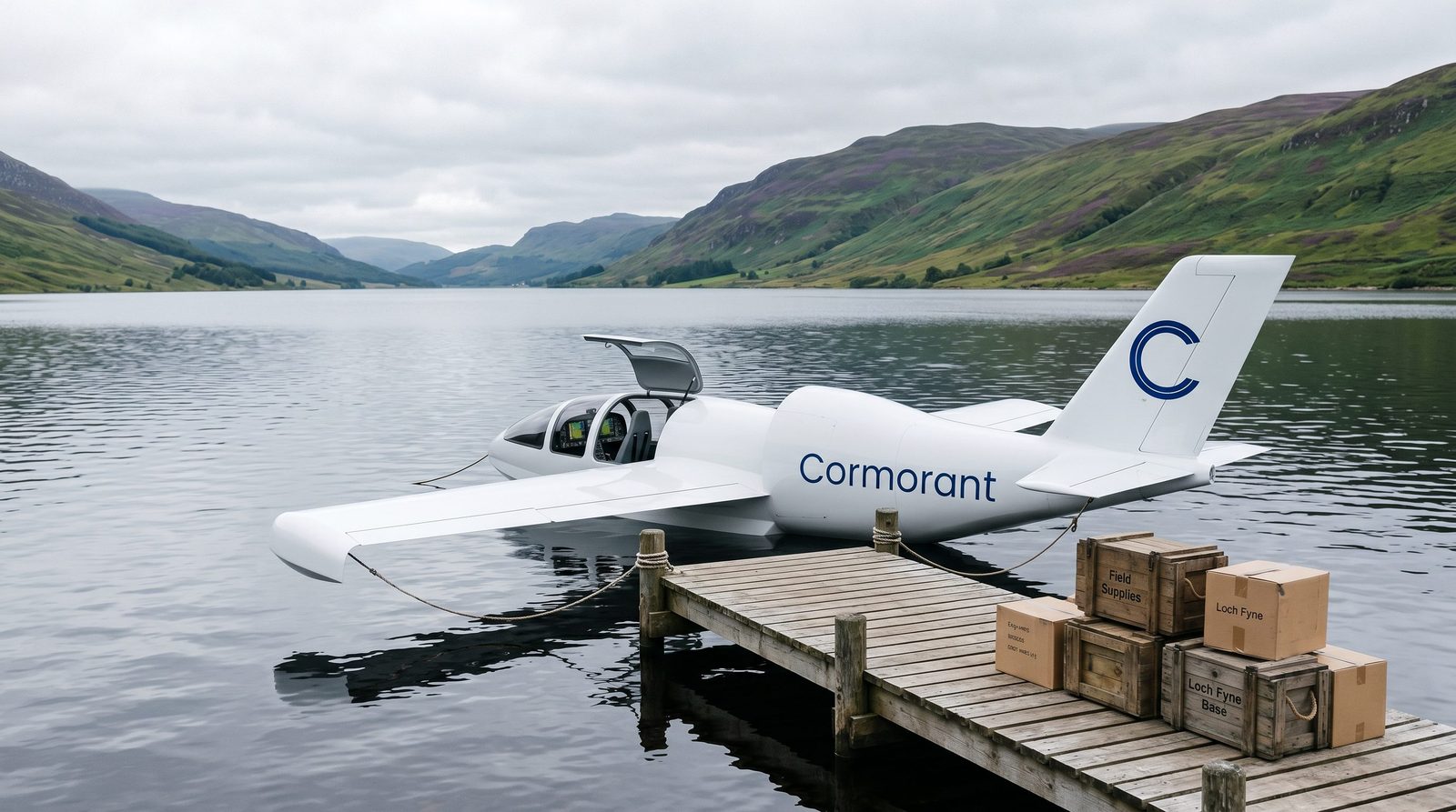 Cormorant docked at a loch pier loading field-supply cargo