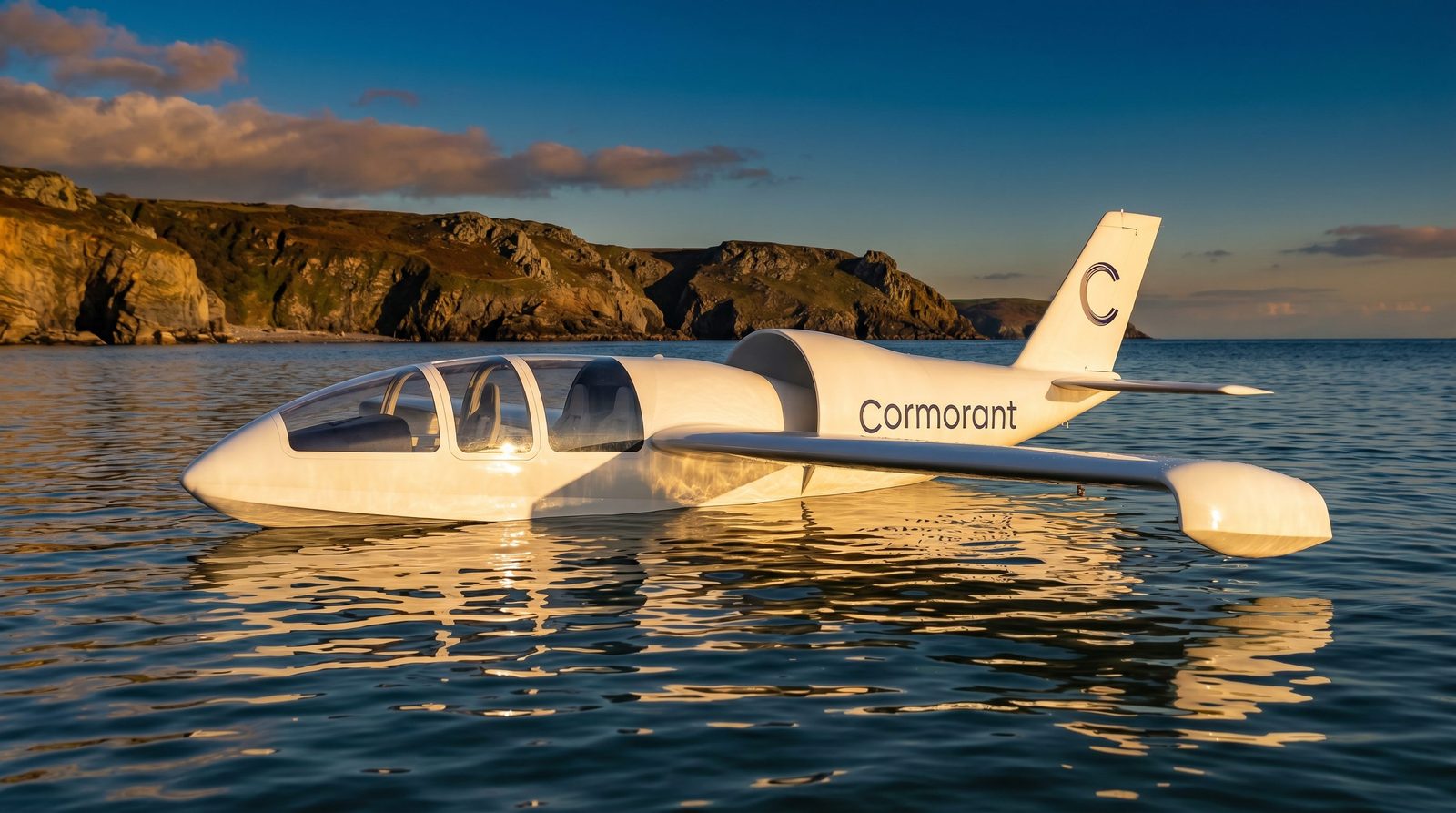 Cormorant amphibious aircraft resting on water at golden hour, coastal cliffs in the background